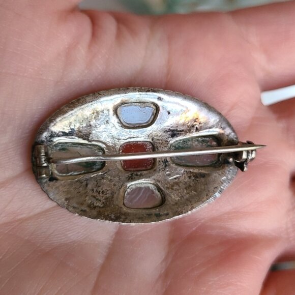 Vintage Sterling Silver Faux Agate Glass Stones Oval Brooch Pin Grandma Core - Picture 5 of 5